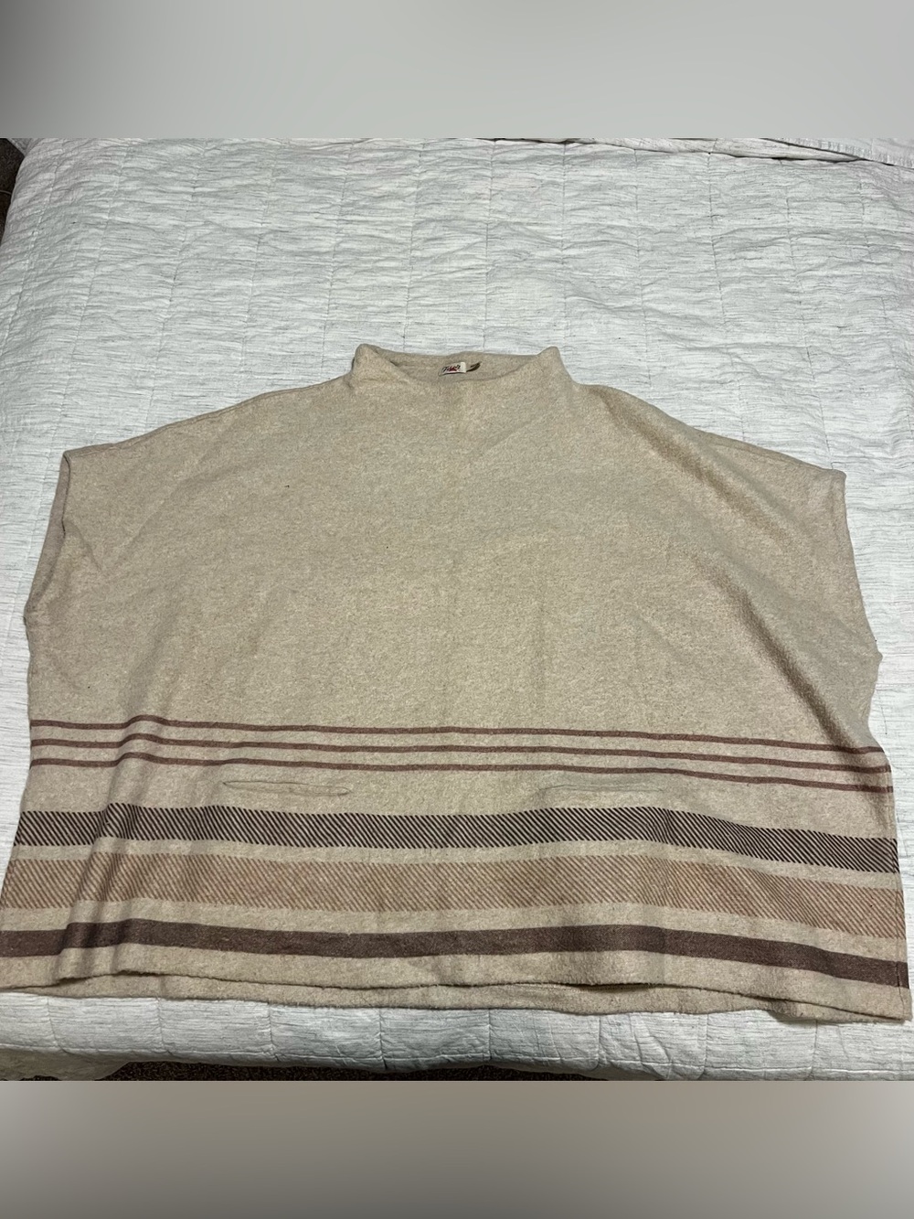 Faherty Women's Beige Oversized Turtleneck Sweater with Brown Stripe Detail